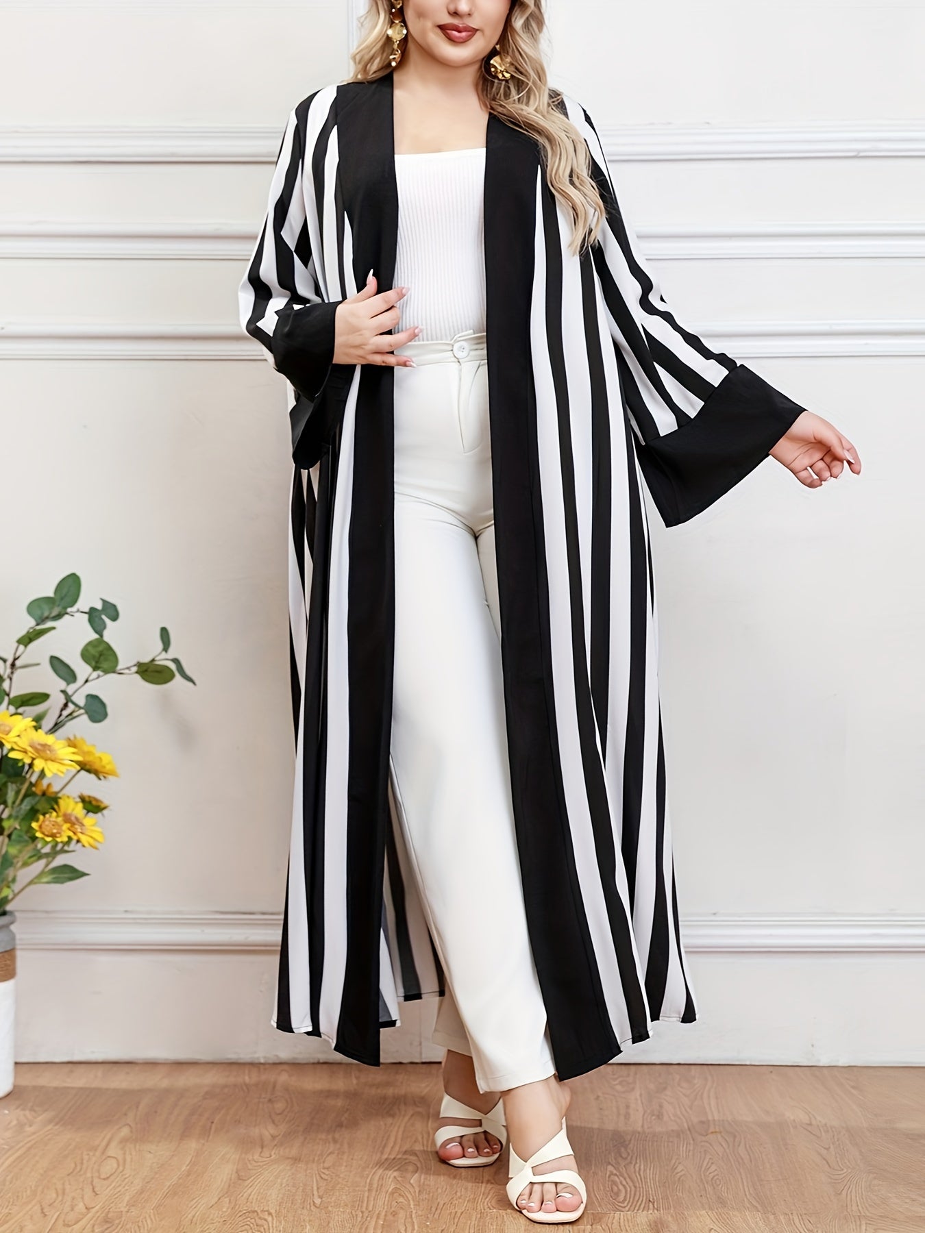 Plus Size Stripe Pattern Kaftan Coverup Long Sleeve Open Front Womens Clothing