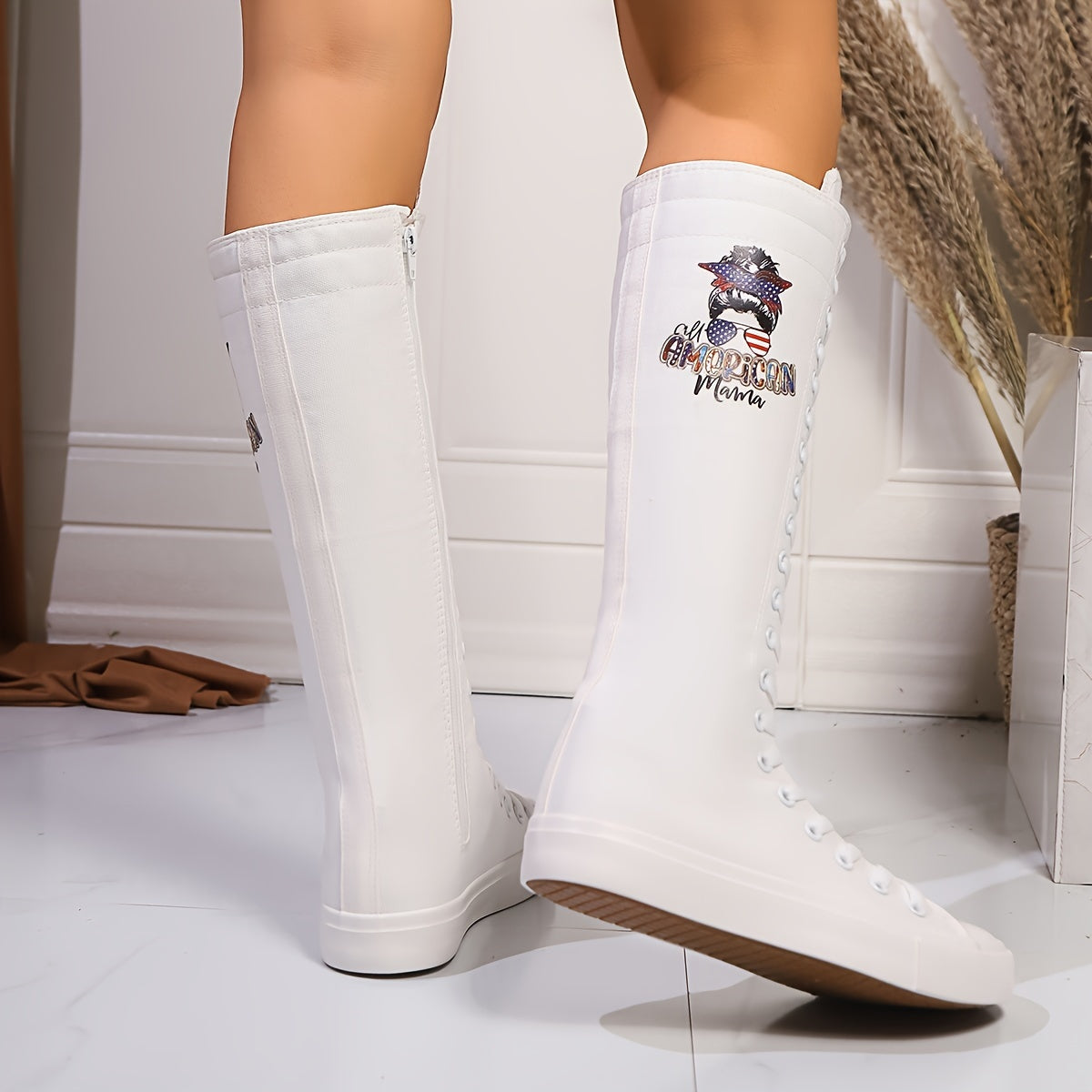 Women's Knee-High Boots Leather Flat Heel American Flag Motorcycle Print