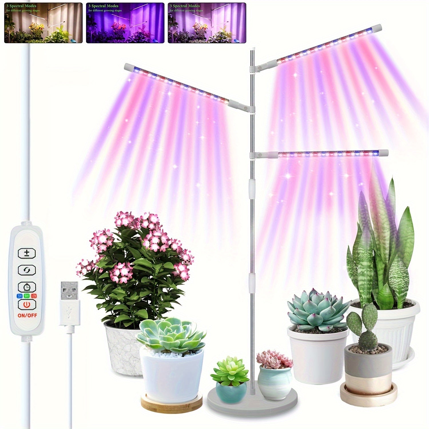 Indoor Plant LED Grow Light with 3 Heads USB Powered Adjustable Gooseneck 3 Lighting Modes