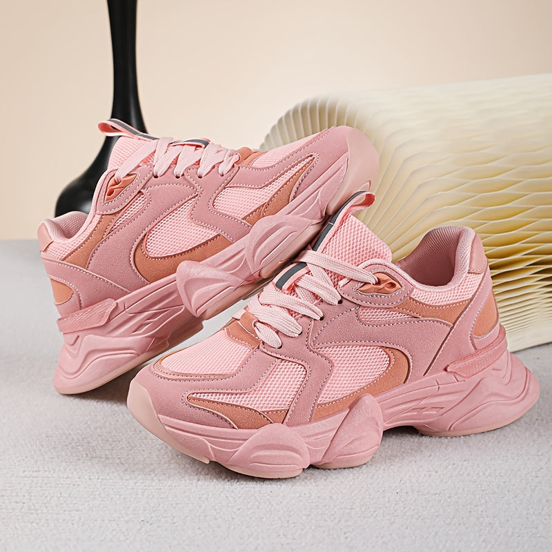 Women's Pink Beige Chunky Sneakers Breathable Mesh Casual Running Shoes