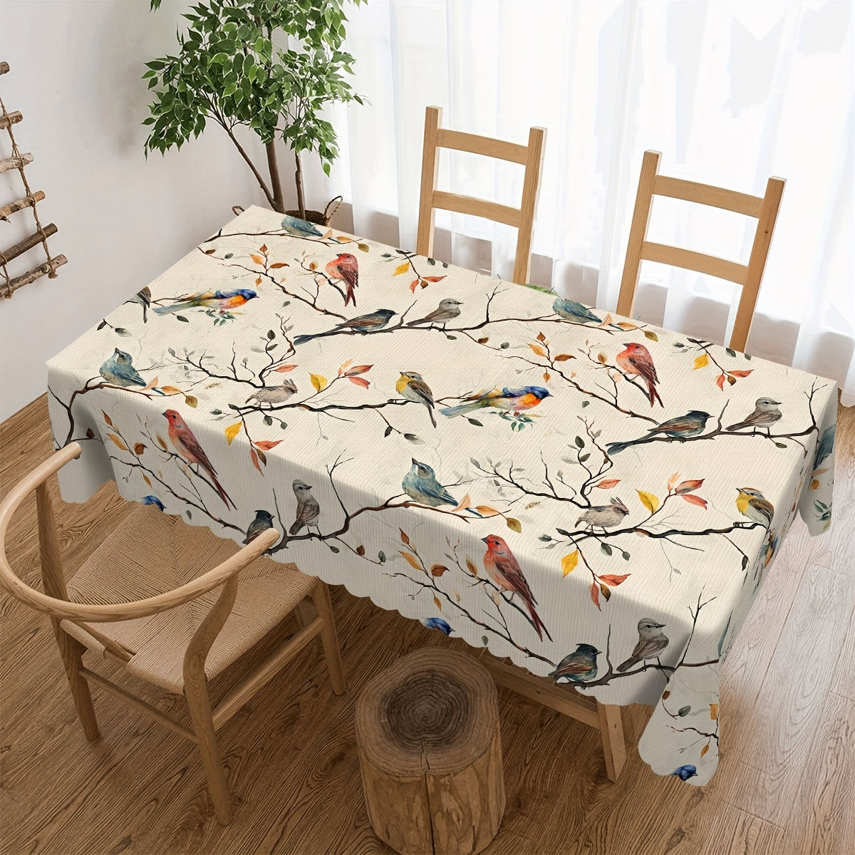 Floral and Bird Design Waterproof Polyester Tablecloth for Indoor and Outdoor Use