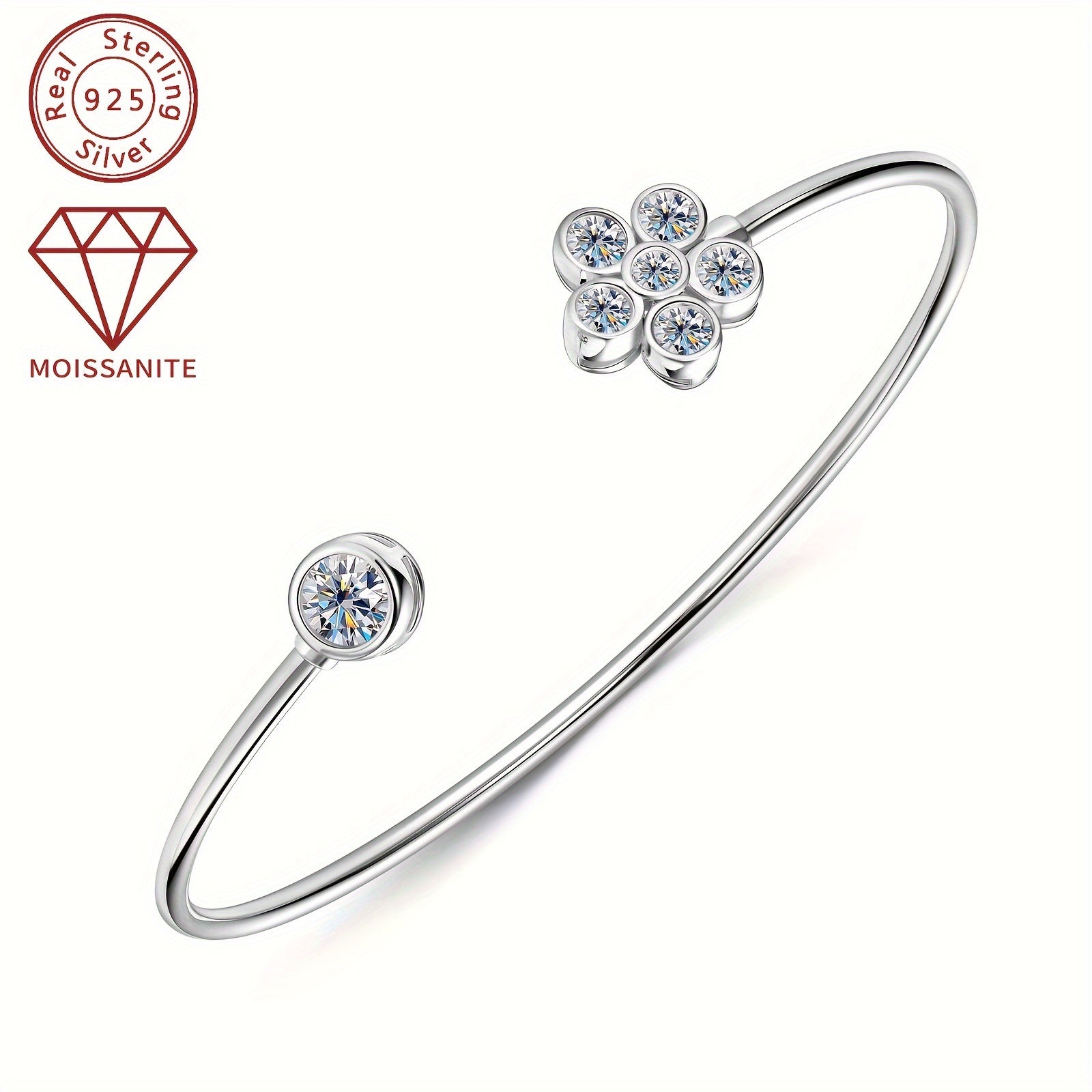Open Cuff Bracelet for Women with Synthetic Moissanite Stones 925 Silver 14K Gold Plating April Birthstone Elegant Floral Design