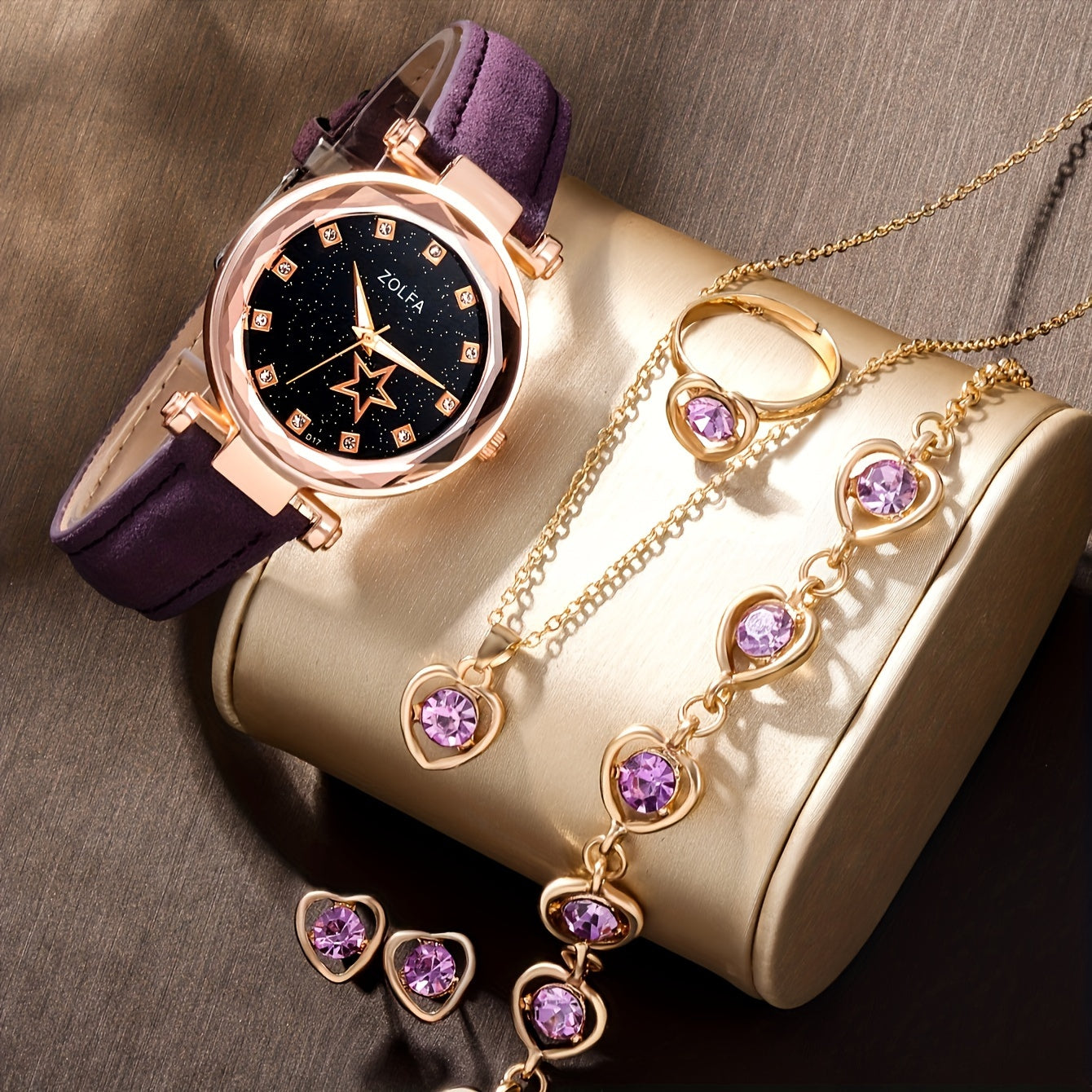 Ayollar modasi soati va zargarlik buyumlari to'plami, 6 dona, yurak rhinestone, yulduzli pentagram, sun'iy charm, sovg'a