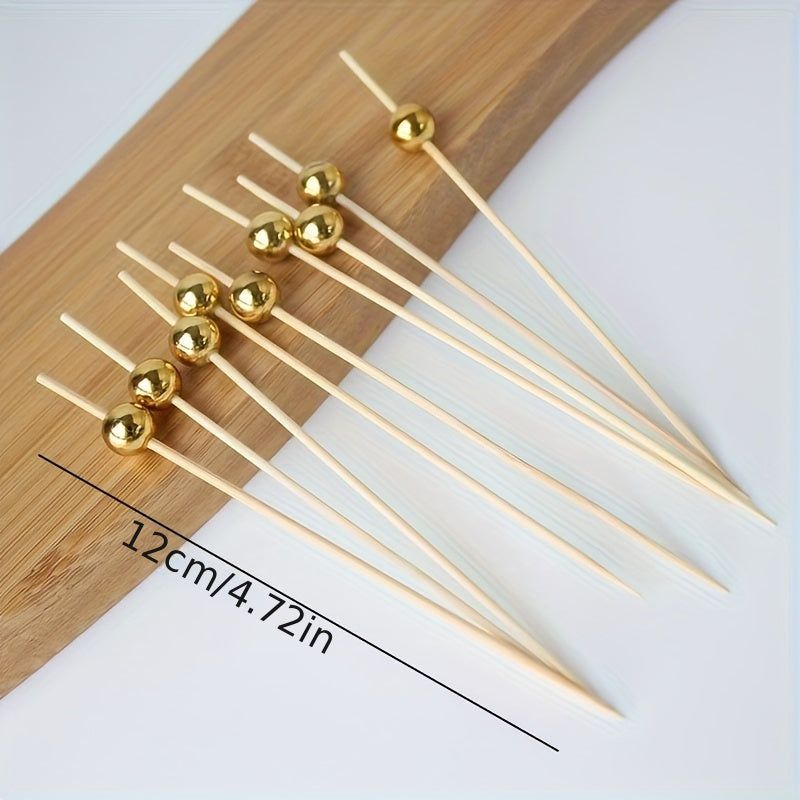 Bamboo Cocktail Picks with Golden Pearls for Fruit Cake Snacks and Appetizers
