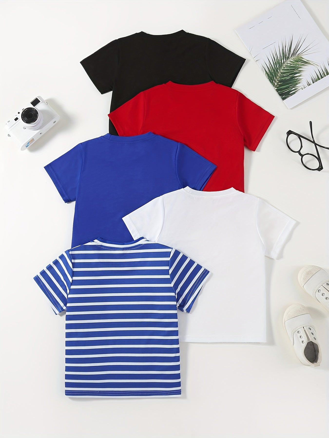 Kids Summer T-Shirts Pack of 5 Short Sleeve Striped and Solid Color Crew Neck Tops for Boys and Girls