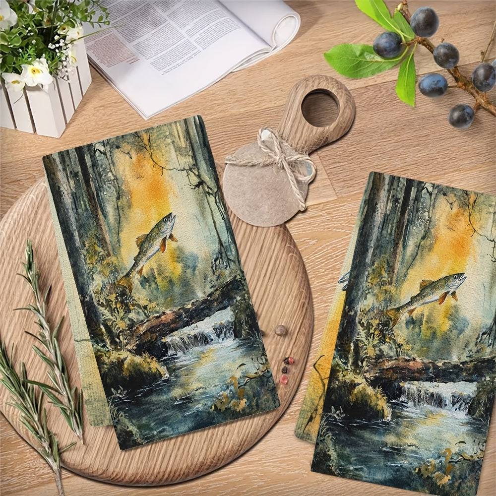 2 ta Ultra Soft oshxona sochiqlari to'plami 40x60cm, suv o'tkazmaydigan, o'rmon daryosi dizayni