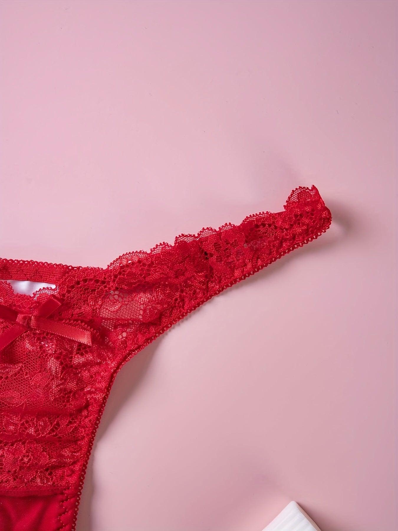 Red Lace Thong Panties with Floral Print and Bow Detail Low Rise V-Shaped Design Breathable Polyester Blend