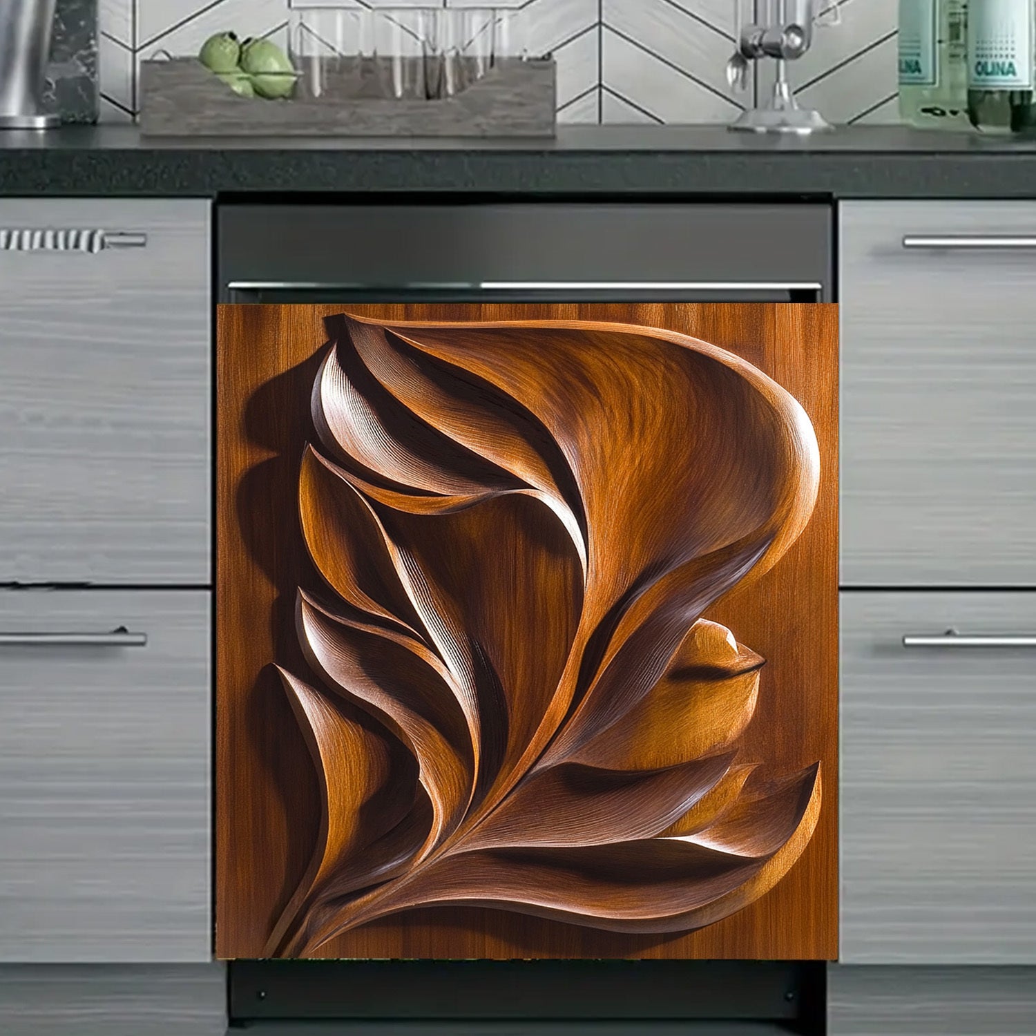 Yog'och barg dizayni dishwasher magnit qopqog'i, suv o'tkazmaydigan, issiqlikka chidamli metall panel stiker