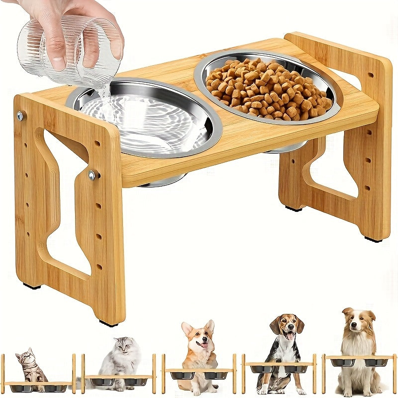 Adjustable Pet Feeder with Bamboo Stand and Stainless Steel Bowls for Small Pets