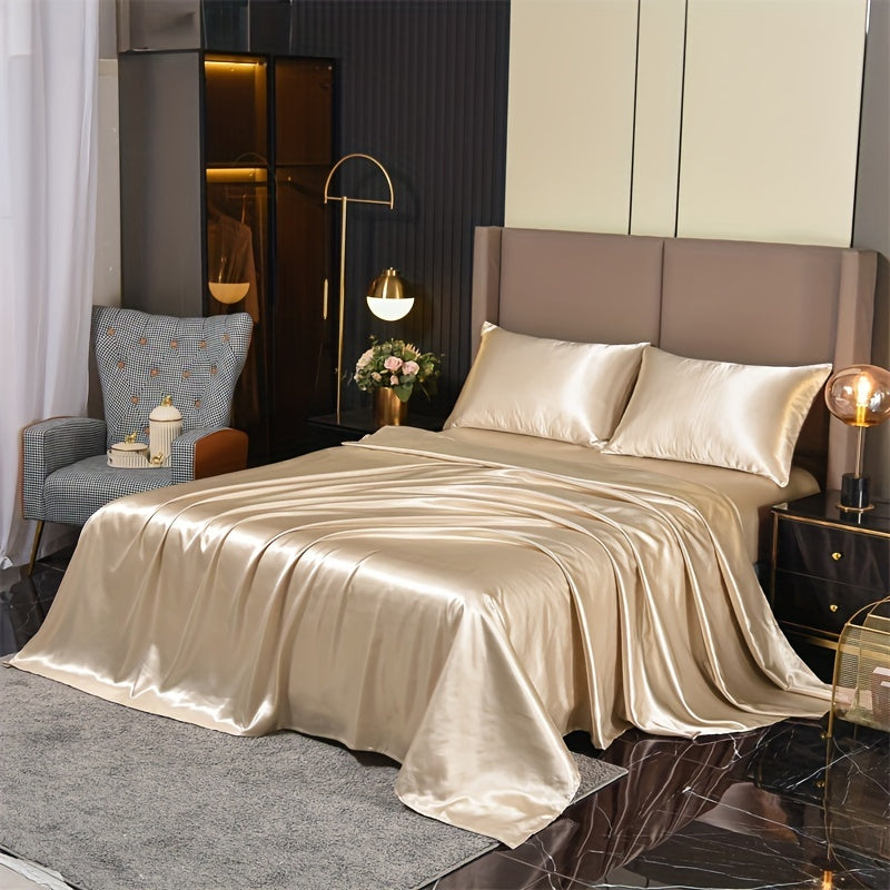 Fitted Sheet Set 4 Pieces Satin Solid Color Bedding Soft Breathable for Bedroom Guest Room Hotel