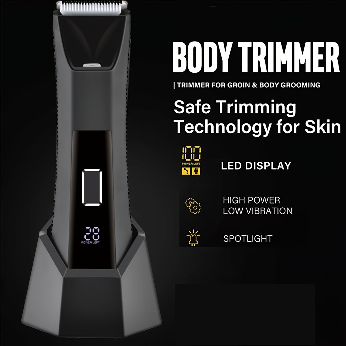 Dual-head body hair trimmer groin shaver stainless steel blades LED display USB rechargeable lightweight travel lock 60+ min runtime