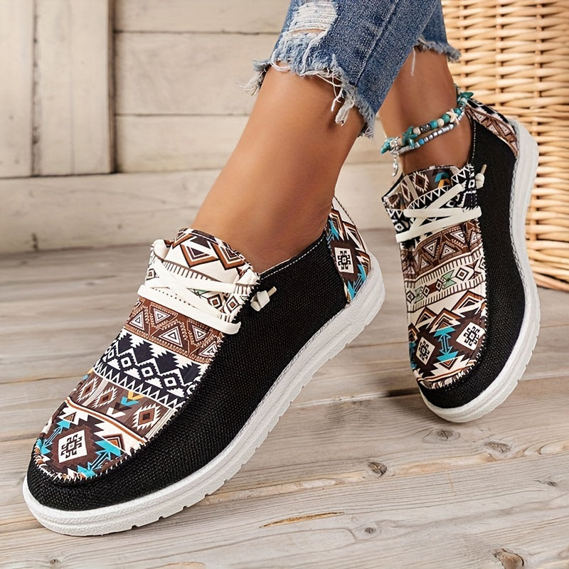 Women's Canvas Sneakers Casual Low Top Flat Shoes Lightweight Geometric Pattern