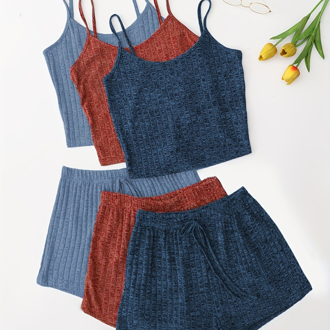 Women's 3-Piece Pajama Set Solid Cami Top Lace-Up Shorts Sleepwear Lounge Wear