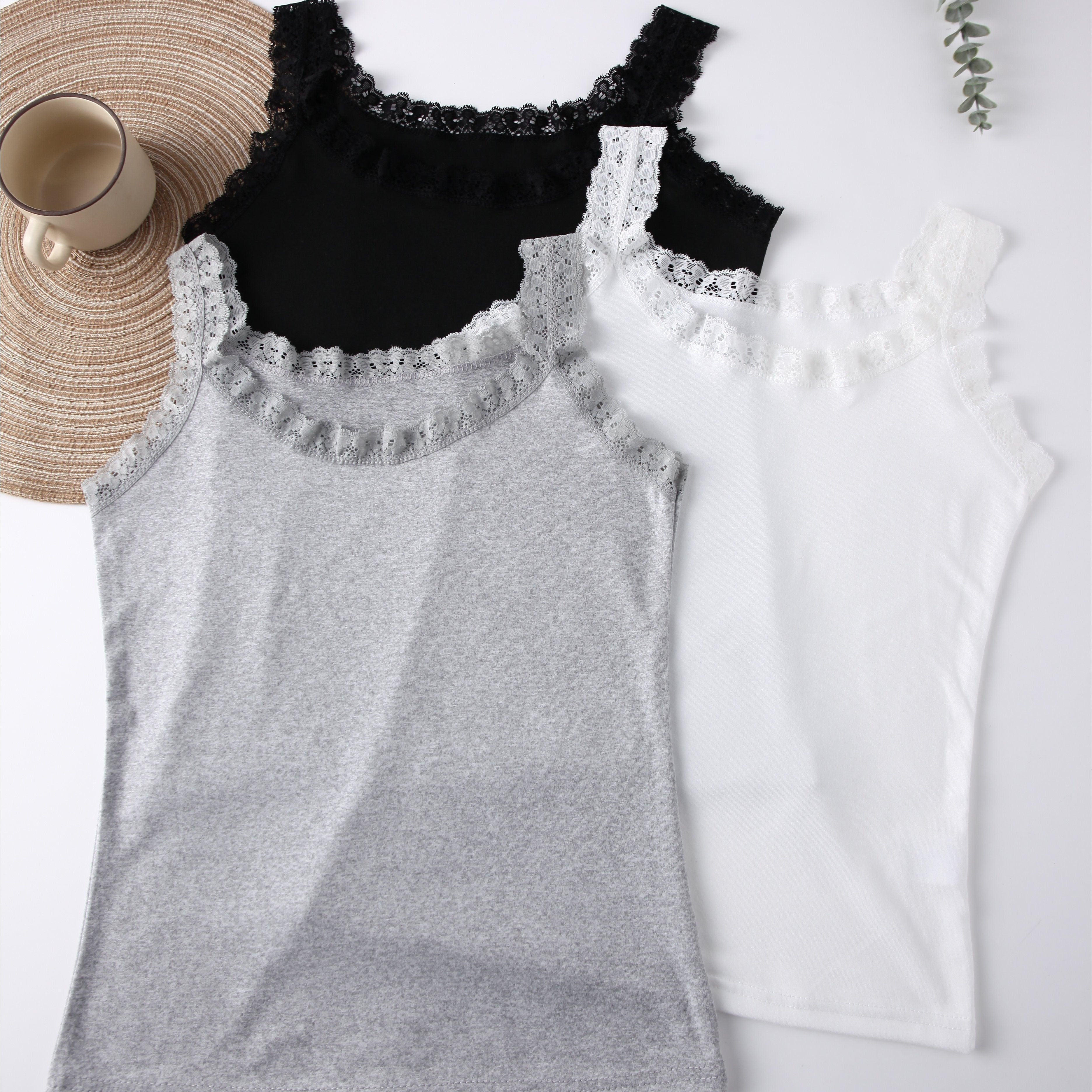 Women's Solid Color Lace Trim Tank Top Set 3 Pieces Underwear Lingerie