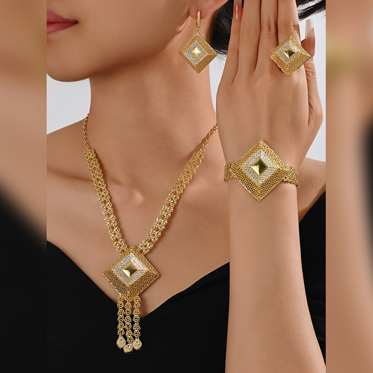 Vintage Arab uslubidagi MEIZ zargarlik to'plami, 18K oltin qoplama, sintetik zirkoniya, mis materialidan tayyorlangan, uzuk, bilaguzuk, marjon va sirg'alar kiradi, kundalik kiyish, bayramlar, Ramazon sovg'alari uchun ideal, barcha fasllar uchun mukammal.