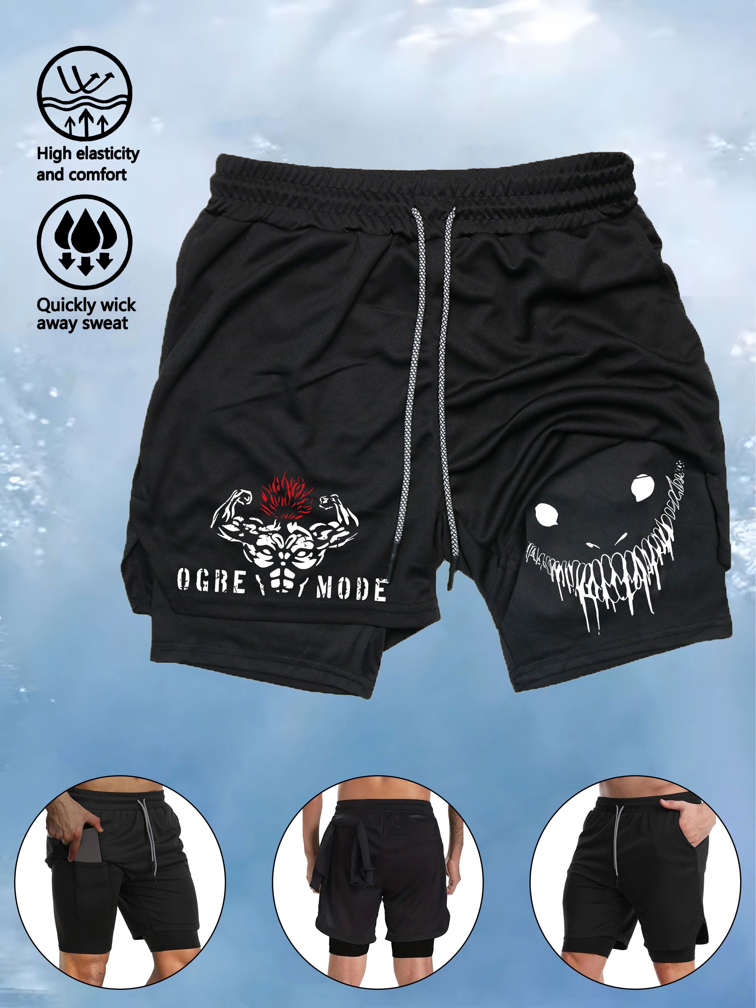 Men's Quick-Drying Printed Sports Suit with Compression T-Shirt and Multi-Pocket Shorts