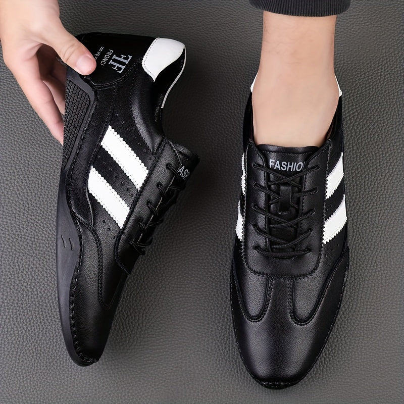 Men's Genuine Leather Sneakers White Black Stripe Rubber Sole Casual All-Season