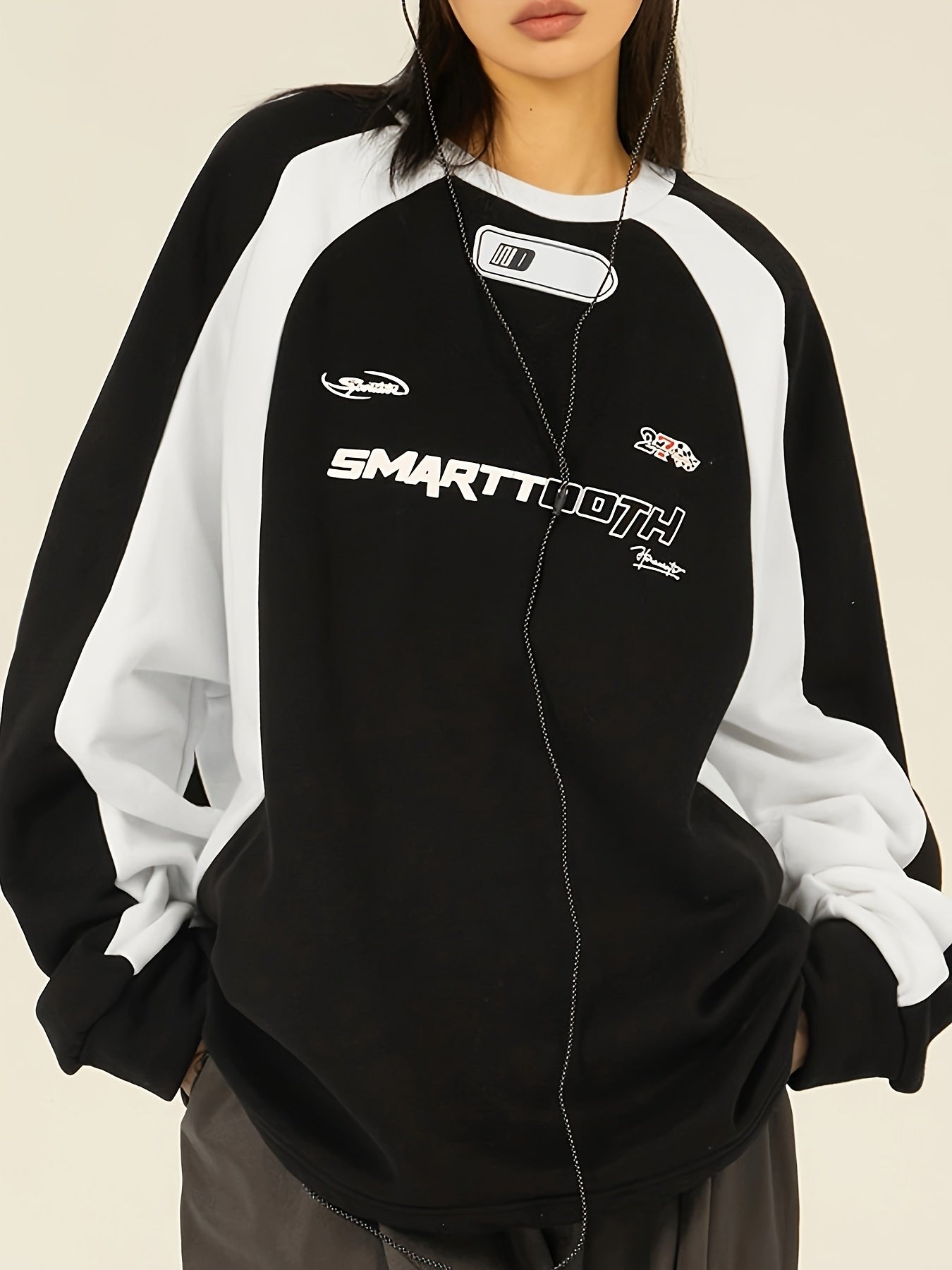 Women's Color Block Sweatshirt with "Smart Night" Graphic Long Sleeve Crew Neck Polyester Blend