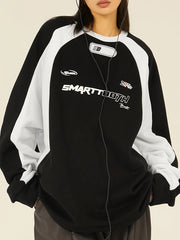 Women's Color Block Sweatshirt with "Smart Night" Graphic Long Sleeve Crew Neck Polyester Blend