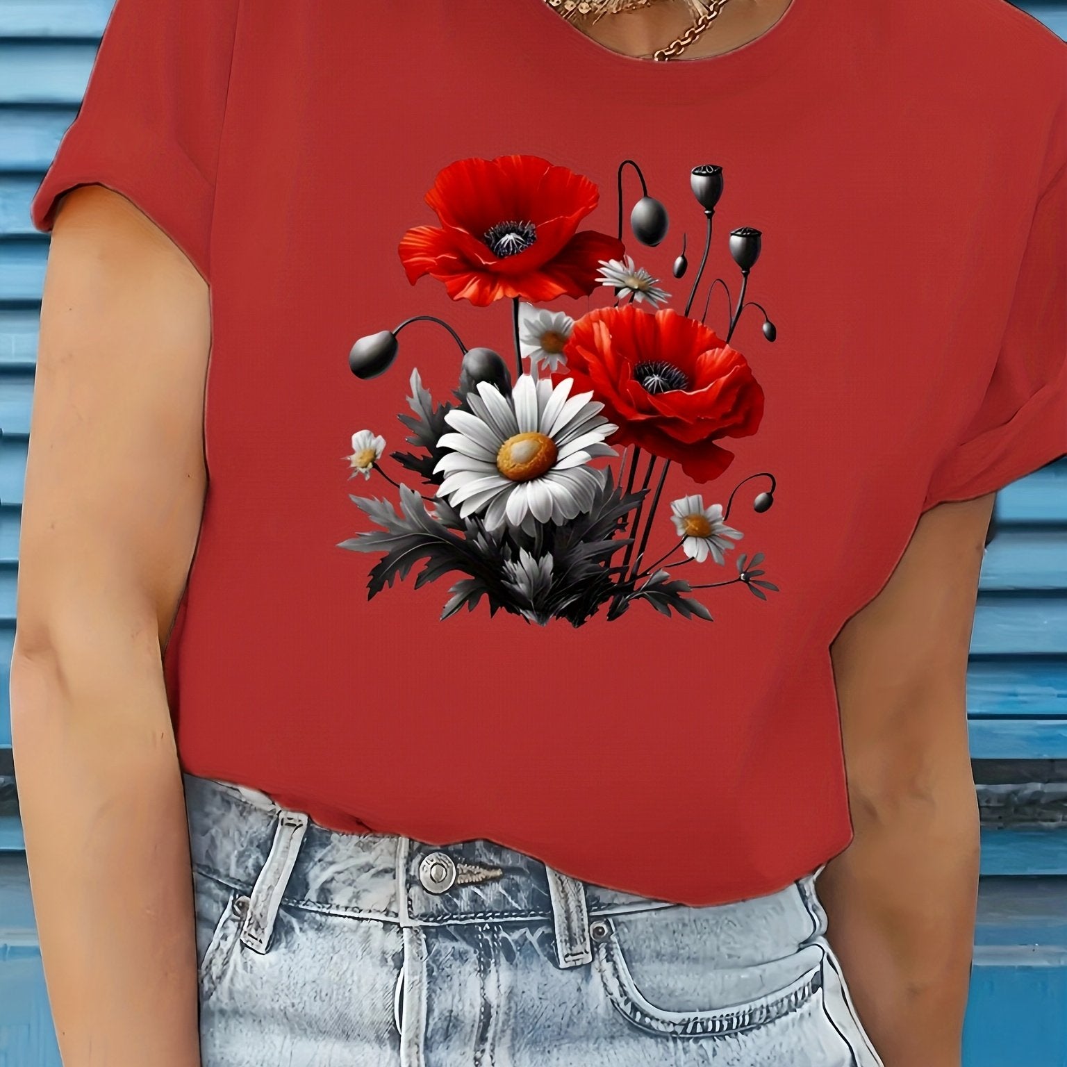 Plus Size Women's Floral Print T-Shirt Blue Short Sleeve Casual Top