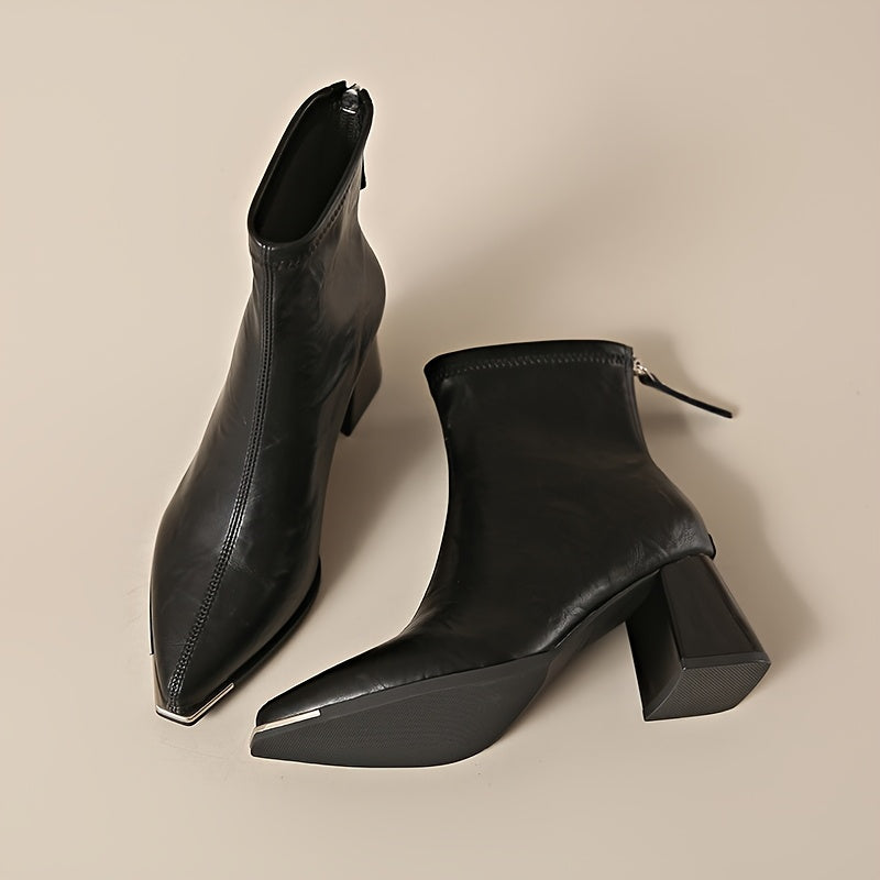 Women's Pointed Toe Ankle Boots with Chunky Heel and Zipper Beige Leather