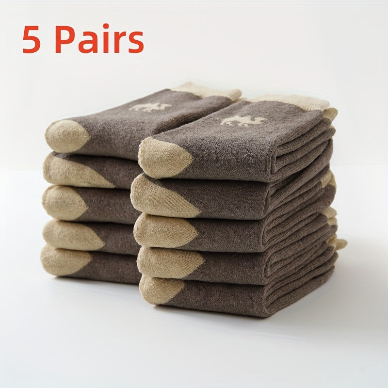 Men's Thermal Crew Socks 5 Pairs Cotton Blend Camel Pattern Warm Comfortable