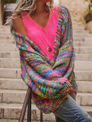 Plus Size Women's Sweater Open Front Colorful Stripes Cozy Fall Winter Pullover