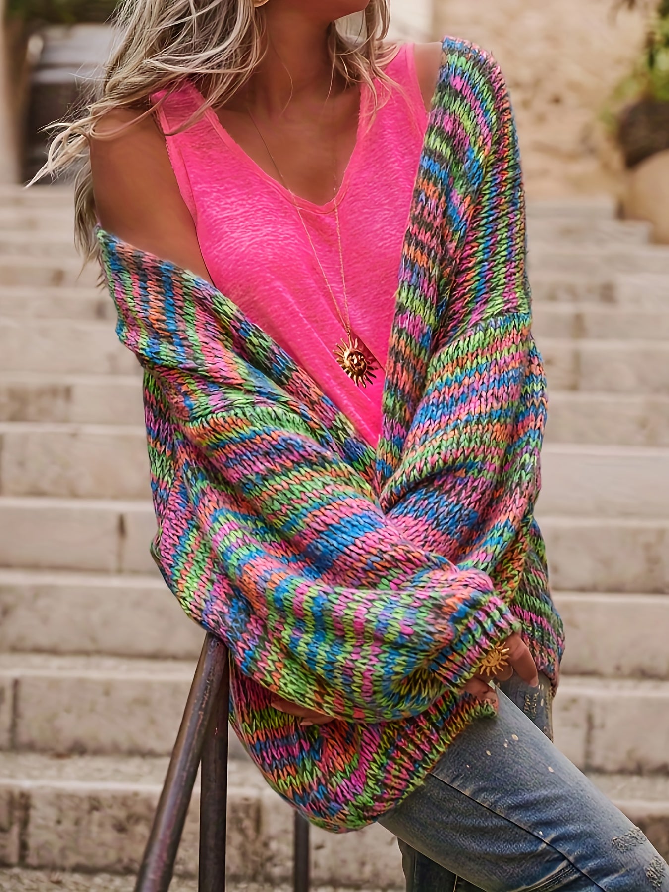 Plus Size Women's Sweater Open Front Colorful Stripes Cozy Fall Winter Pullover