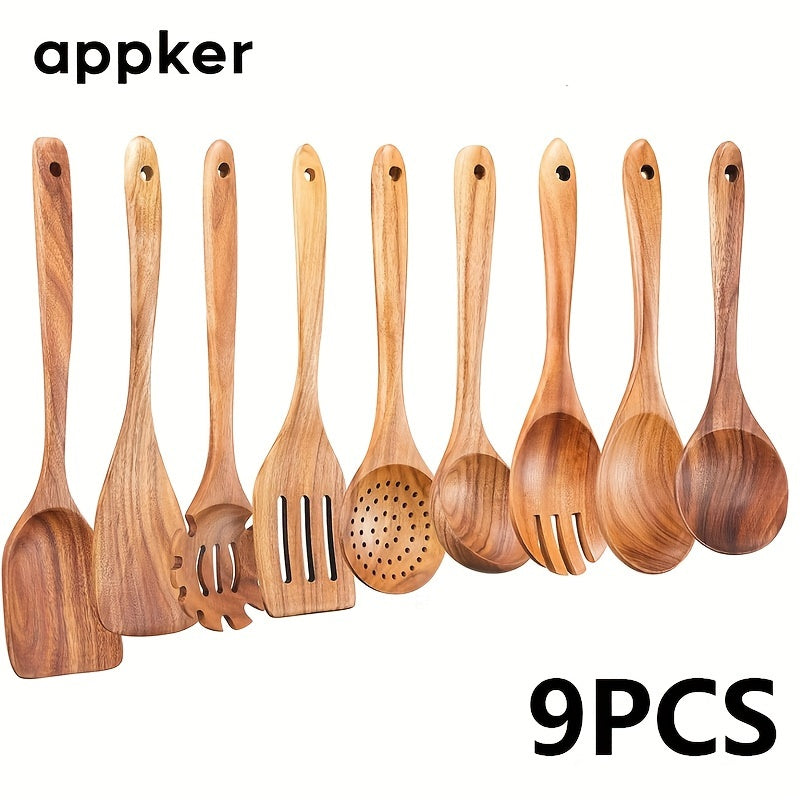 Set of 9 Acacia Wood Kitchen Utensils Including Spoons Spatulas and Noodle Fish Fryers