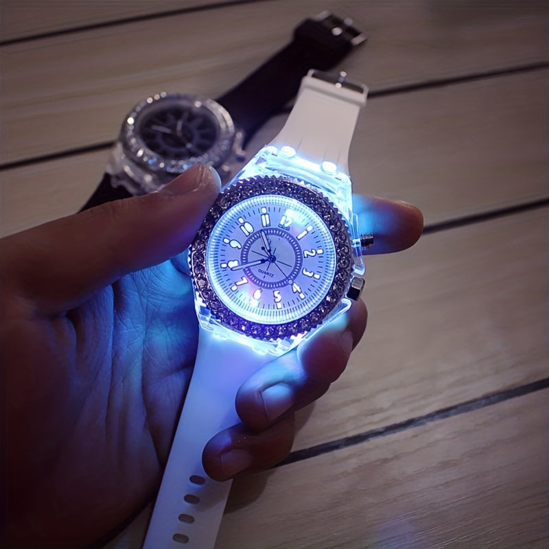 Glow-in-the-Dark Silicone Watch for Men Women Kids LED Time Display Casual Fashion Rhinestone Accents