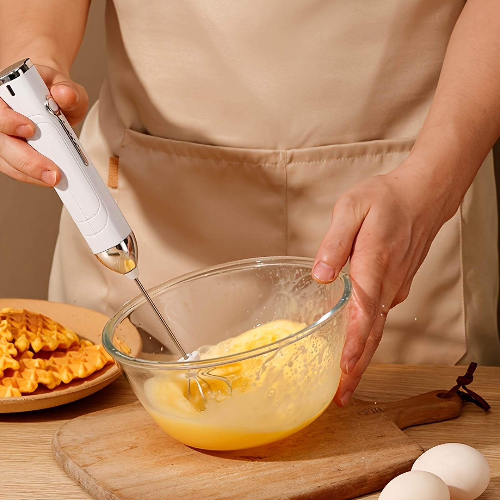 White Handheld Milk Frother with Stainless Steel Whisk and Interchangeable Heads