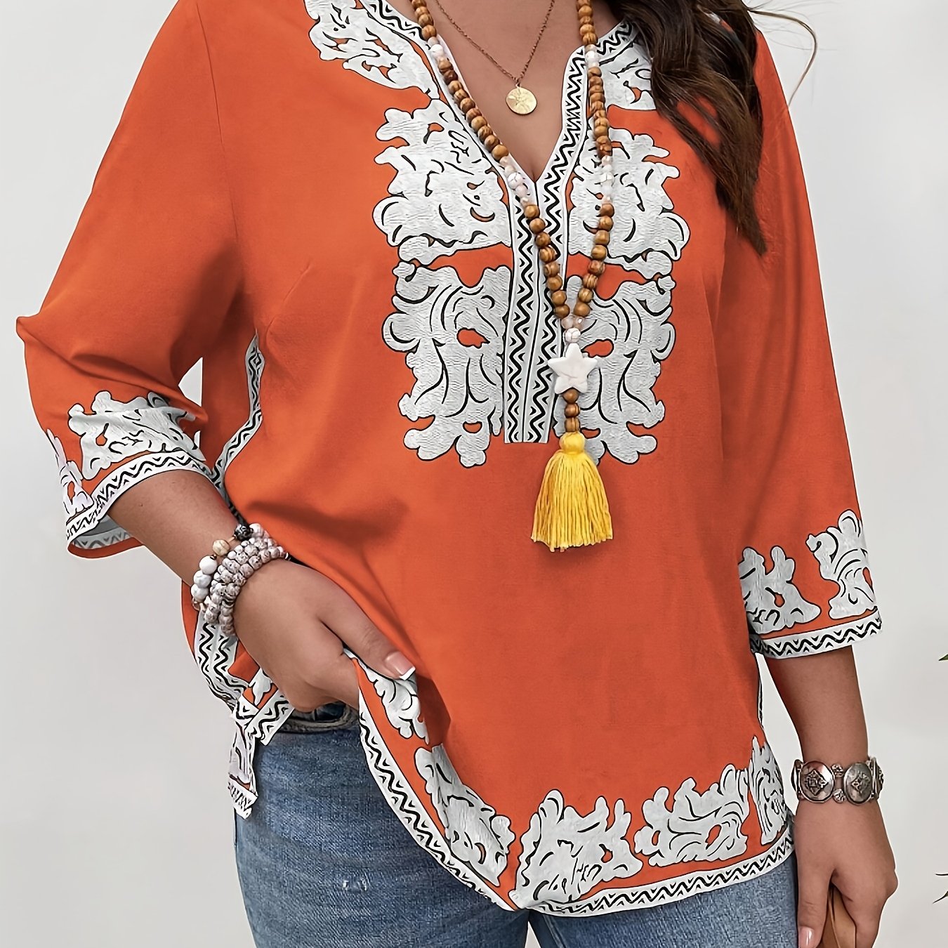 Women's Floral Print V-Neck Long Sleeve Blouse Polyester Spandex Stretchy All-Season
