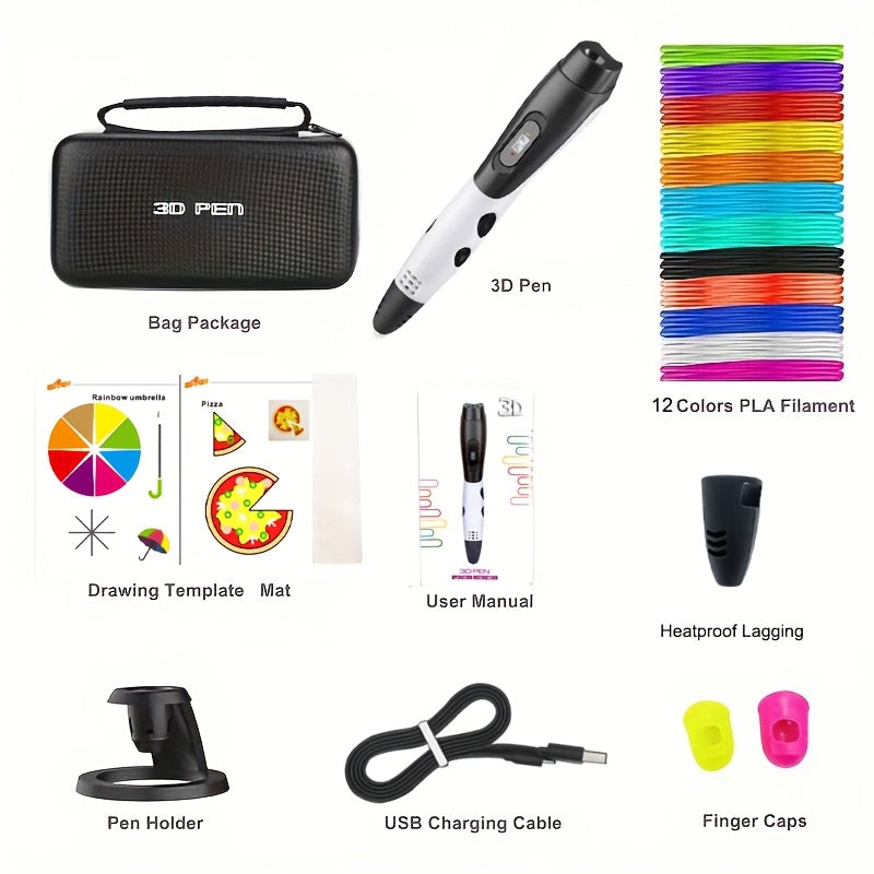3D Printing Pen Kit with 12 PLA Filament Colors USB Powered for Creative Art