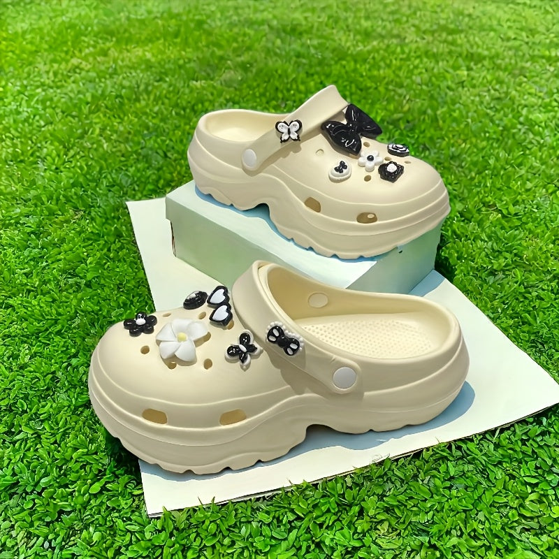 Женские пляжные туфли EVA с толстой подошвой, цветочные, черные и белые, комфортные для лета