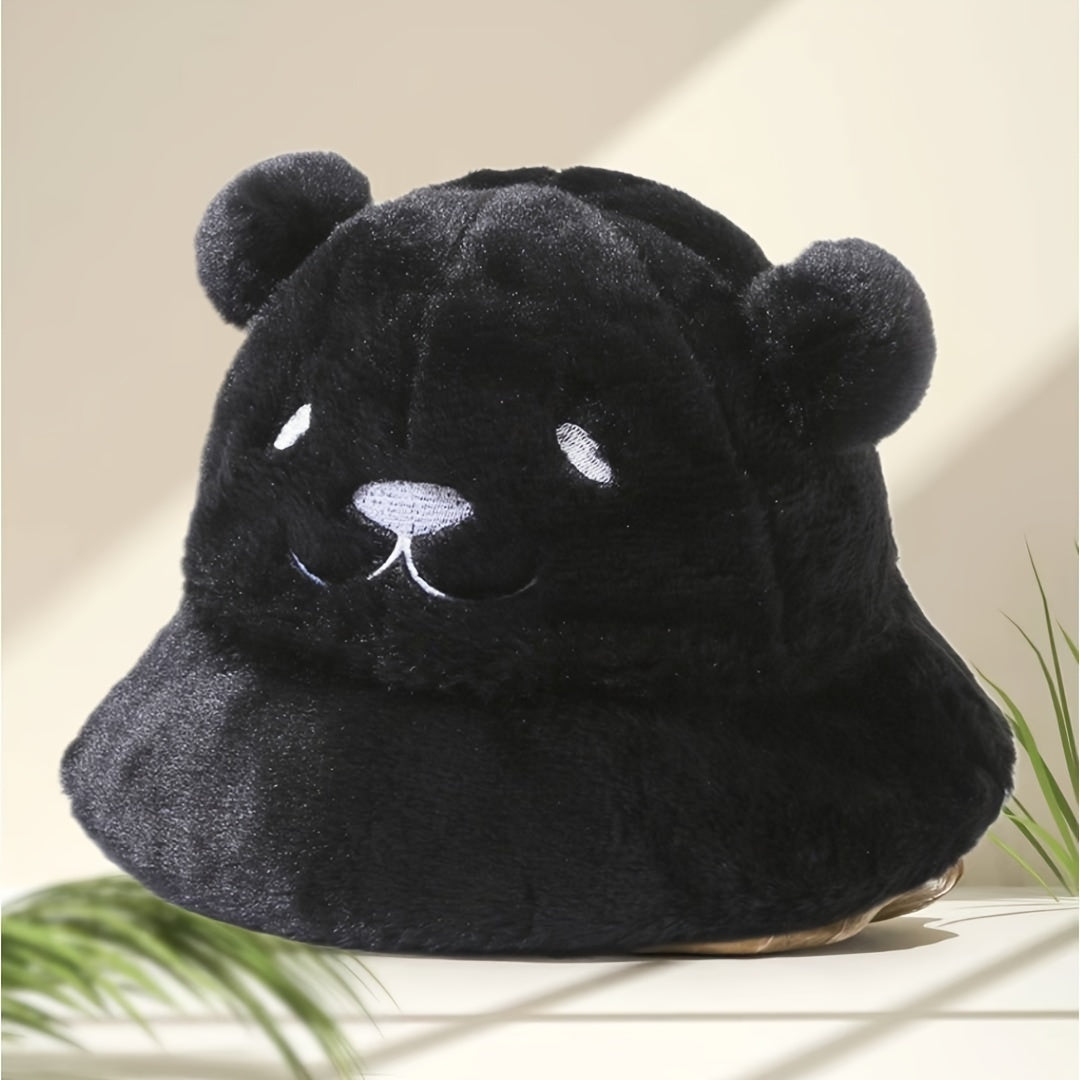 Women's Fuzzy Bucket Hat with Bear Embroidery Yellow White Cozy Winter Wear