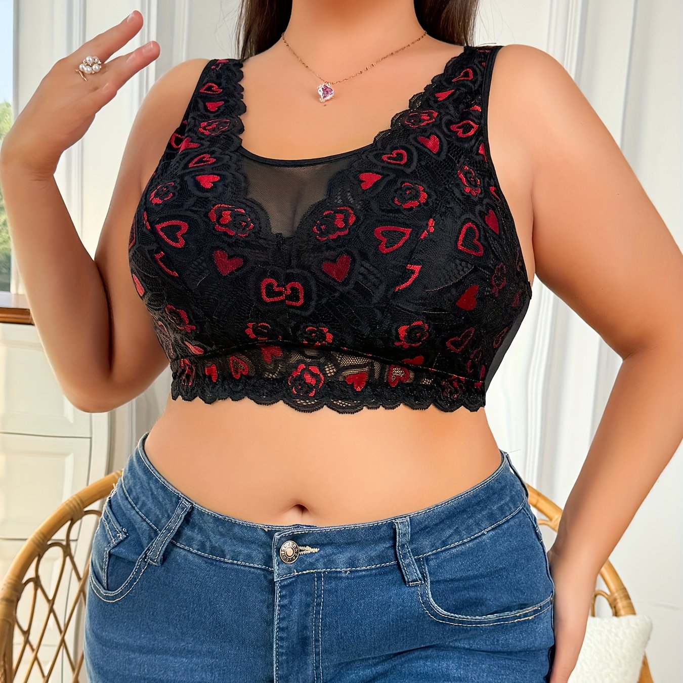 Plus Size Sheer Heart Pattern Corsetry Lingerie with Contrast Lace