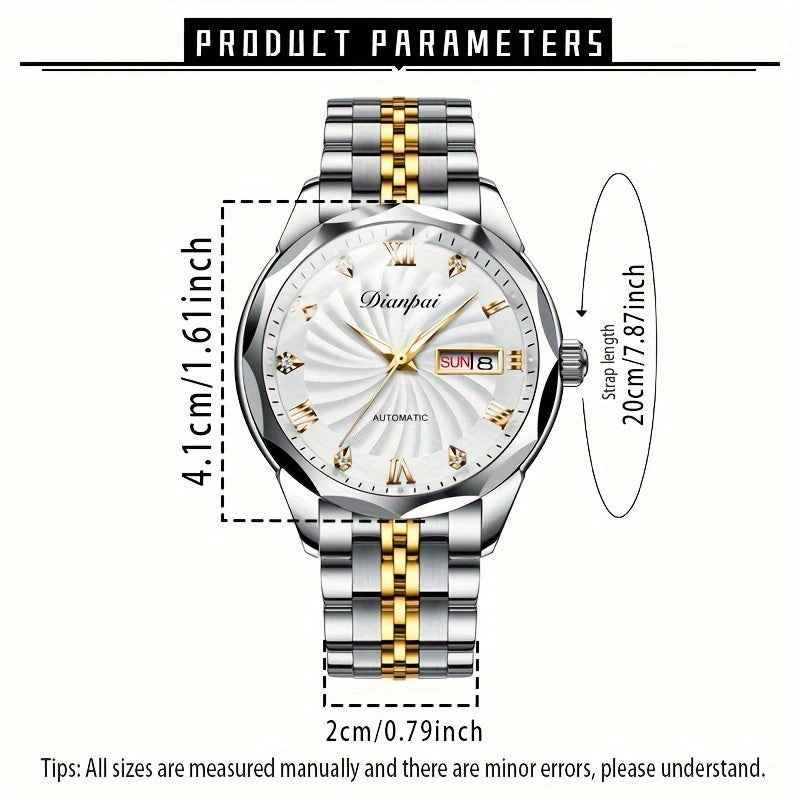 Men's Automatic Mechanical Watch Luminous Hands Gold Stainless Steel Waterproof Date Display