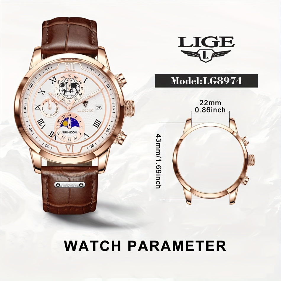 Men's Quartz Watch with Chronograph Lunar Phase Calendar Water Resistant 30m