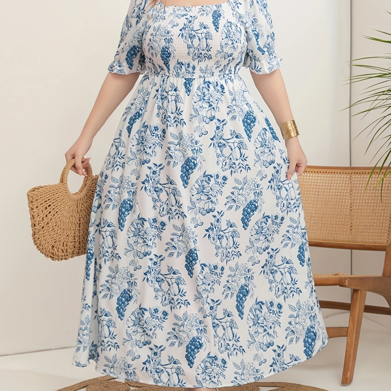 Women's Plus Size Floral Print Tunic Dress Polyester All-Season Square Neck