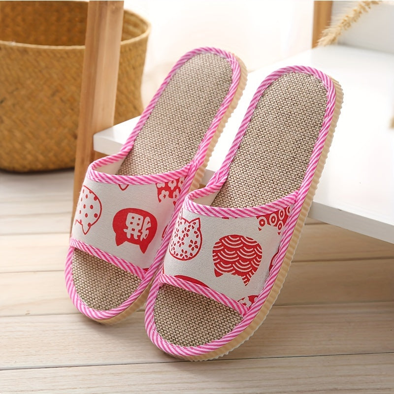 Unisex Linen Indoor Slippers Breathable EVA Sole Casual Animal Print