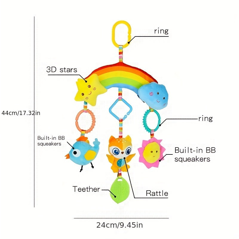 Baby Rainbow Hanging Toy for Infants Soft Rattle and Animal Charm for Strollers Car Seats Cribs