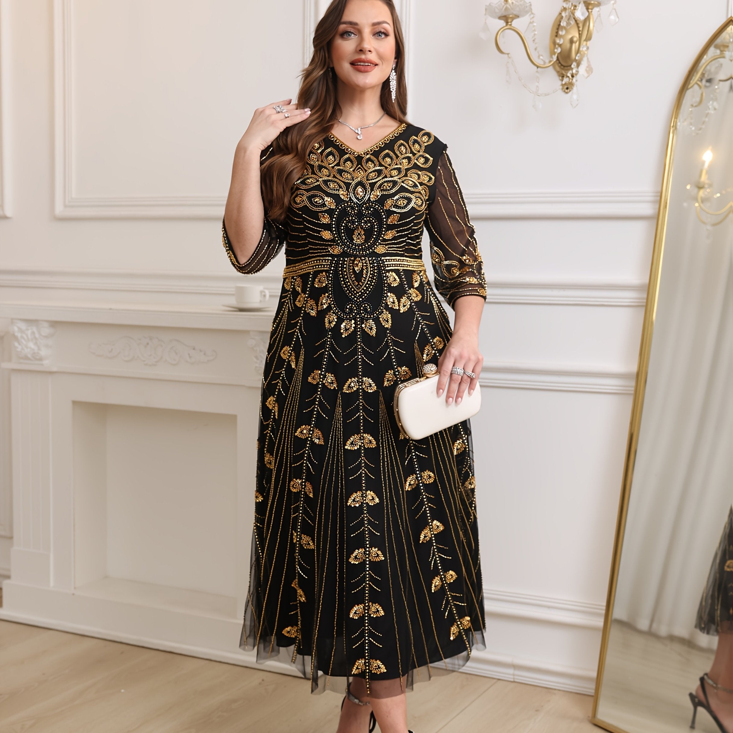 Women's Black Gold Sequin Beaded Evening Dress V-Neck Half-Sleeve