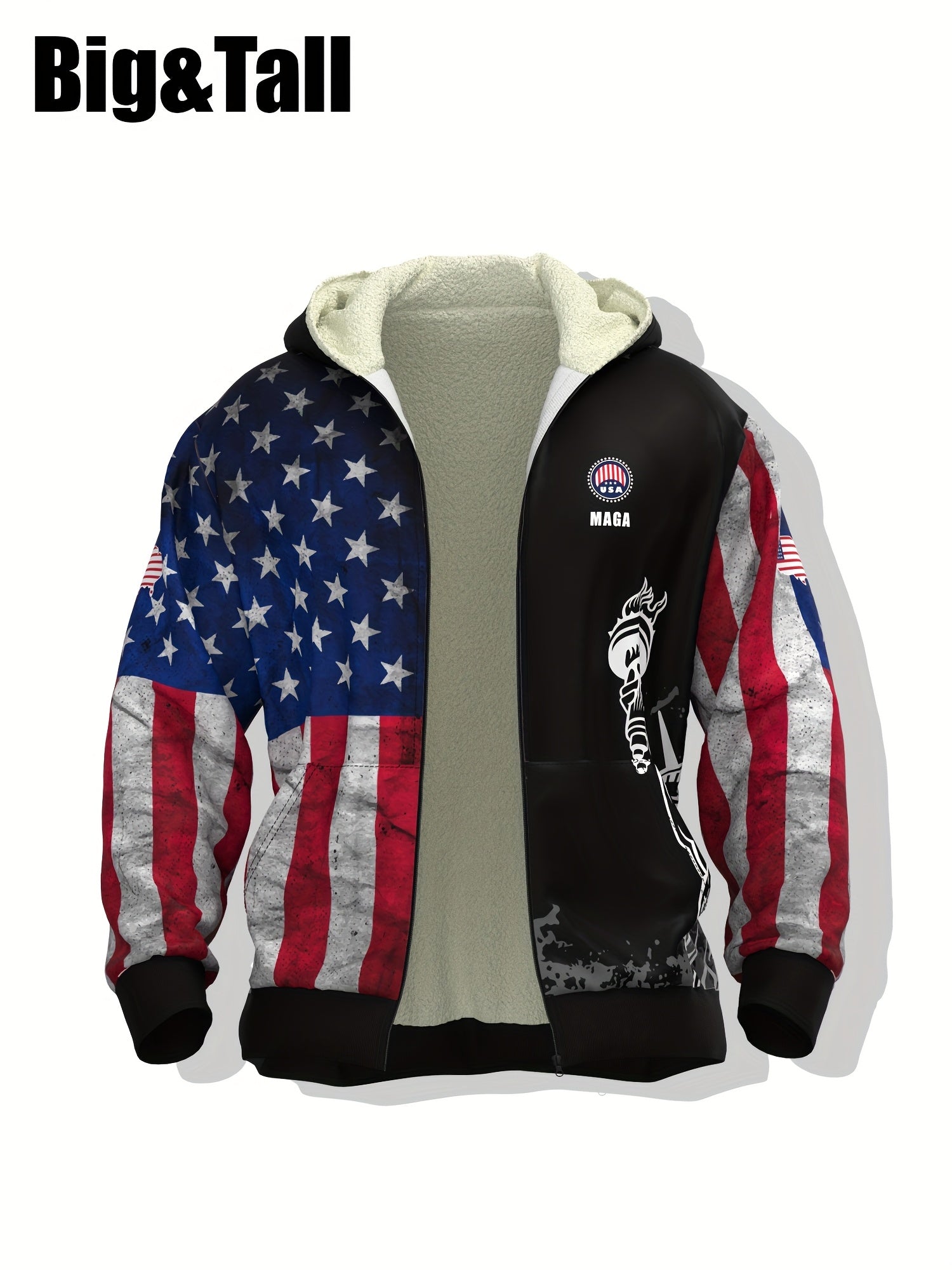 Erkaklar uchun Amerika bayrog'i va Ozodlik haykali printi bilan bezatilgan kapüşonli patriotik kurtka, katta va baland o'lchovlar, shamol to'suvchi uslub, polyester bilan astarlangan, tasodifiy, qo'l bilan yuvish yoki quruq tozalash, plus o'lchov.