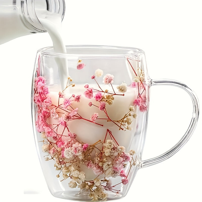 Double-Walled Glass Coffee Cup with Dried Flowers Insulated Reusable for Espresso Iced Coffee Juice 2-6pcs