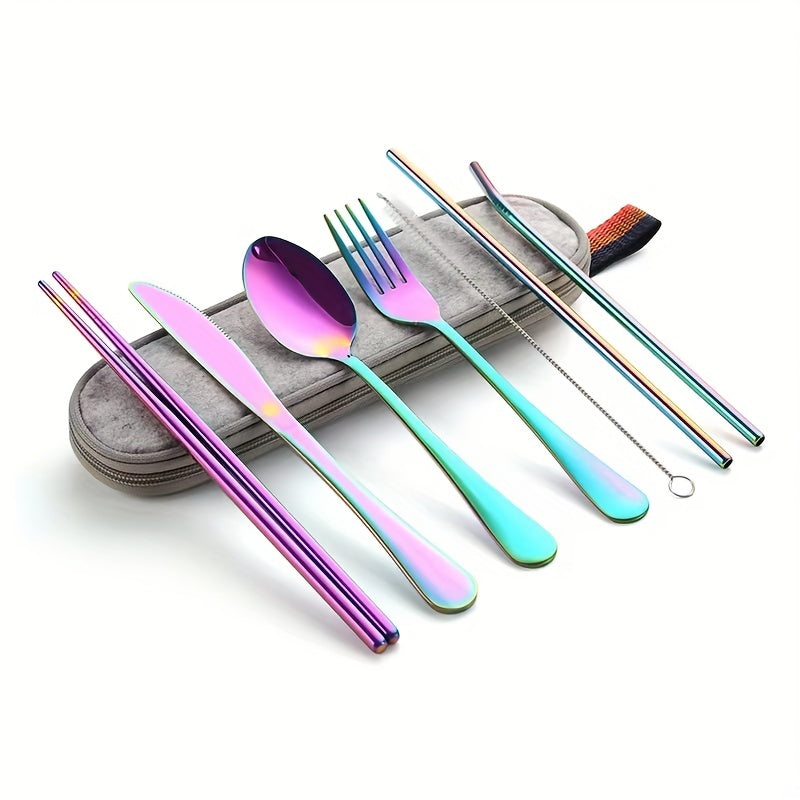 Camping Cutlery Set with 8 Stainless Steel Pieces Knife Fork Spoon Chopsticks and Carry Case