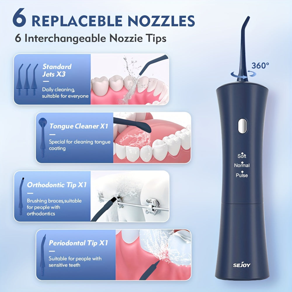 Hilo dental de agua inalámbrico con 3 modos, 6 boquillas de chorro, recargable por USB, batería de 1200mAh