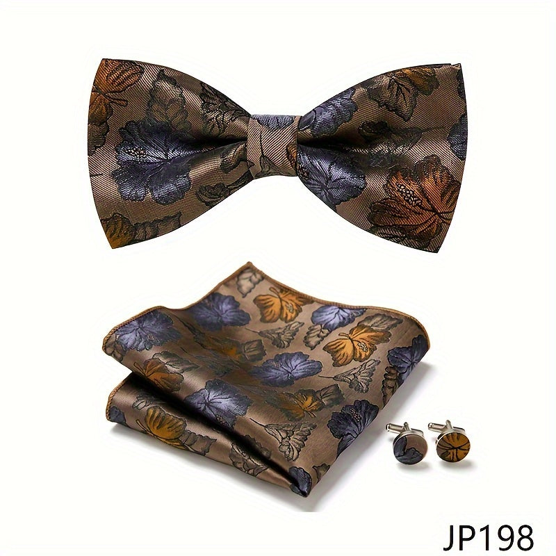 Men's Blue Polyester Tie and Pocket Square Set Floral Pattern for Formal Events