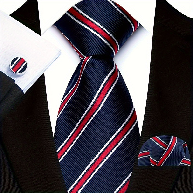 Men's Business Tie, Handkerchief, Cufflinks Set in Plaid and Stripe Designs