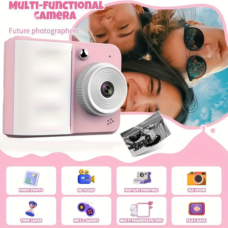Portable Mini Camera Photo Printer with 6.1cm Screen USB Rechargeable 1080P Video 48MP MP3 Playback Thermal Monochrome Printing Smartphone Compatible
