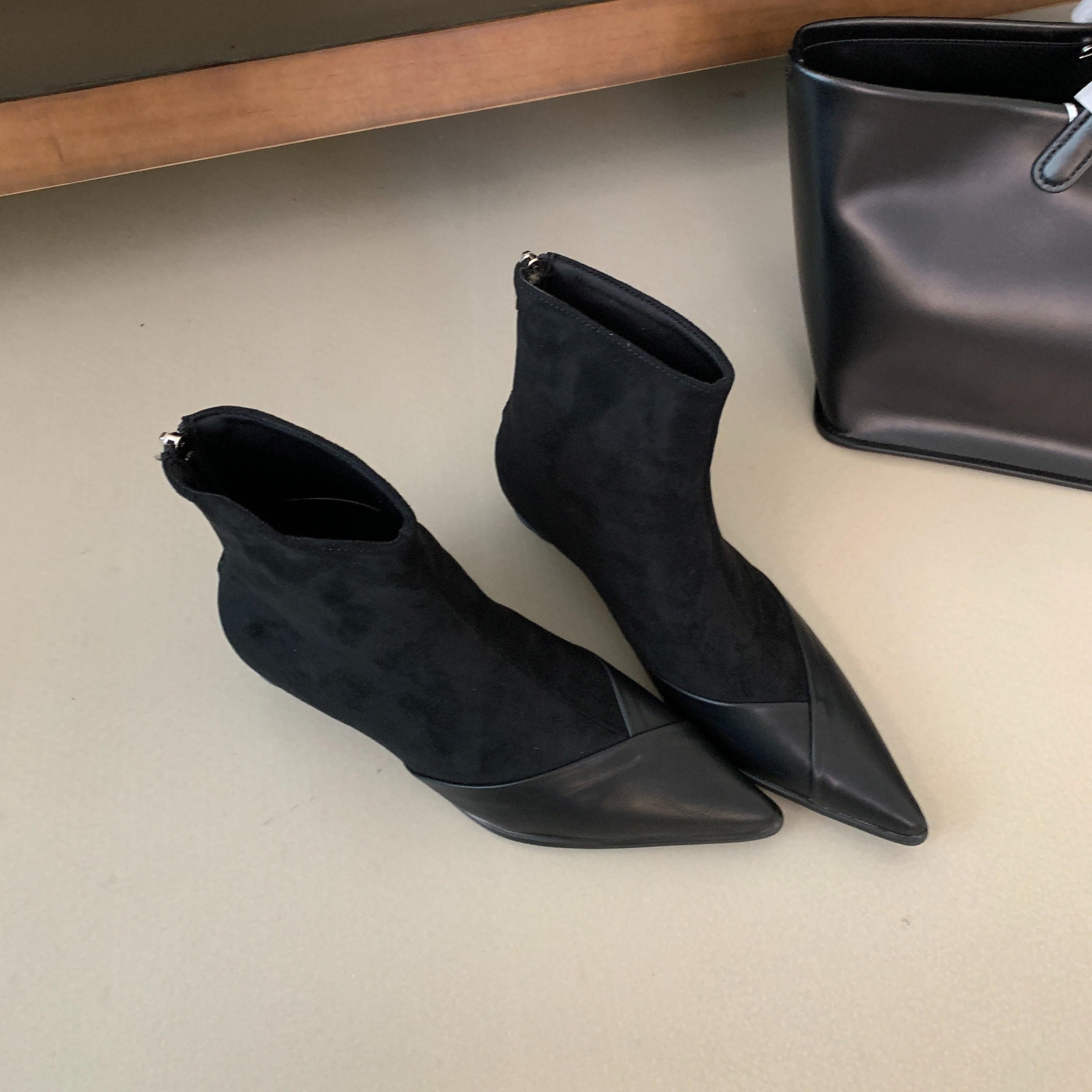 Women's Ankle Booties Flannel Patchwork Pointed Toe Low Heel Winter